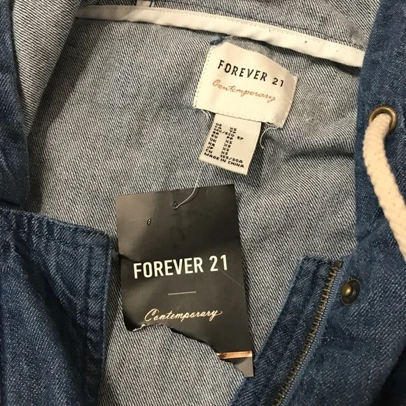 SOLD Forever 21 Denim Hoodie Jacket Oversized Parka Blue Pit to Pit 21” Size XS - Picture 7 of 16